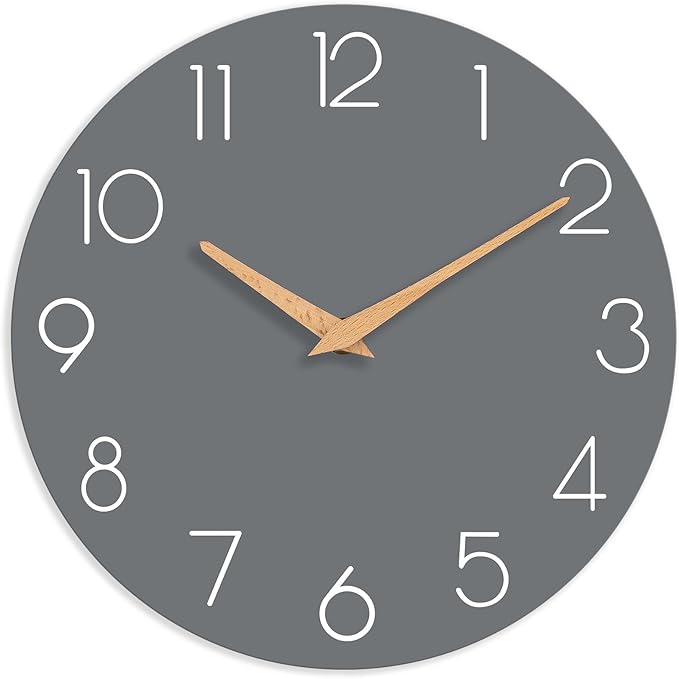 Wall Clock, 14 Inch Wooden Silent Non-Ticking, Decorative Battery Operated Wall Clocks for Bedroom, Kitchen, Home, Living Room, Office, School, Hotel (Gray)