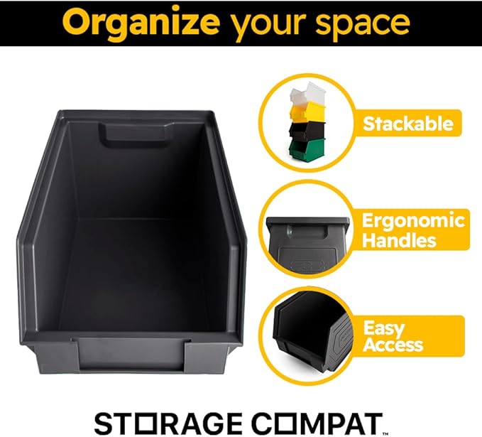 Plastic Storage Bins, Hanging, Stackable, Storage Organizer Bin for Warehouses, Workshops 9-Inch x 5-Inch x 5-Inch, Black, 12-Pack