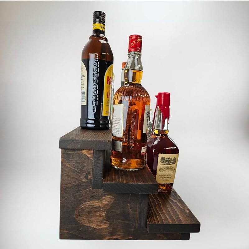 Handmade Liquor Bottle Display Shelf, Bar Display, Kitchen Counter Shelf, Crafted in USA with Premium Quality Wood, Rustic Espresso Finish (3 Tier, 20 inches)