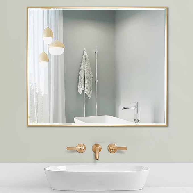 30x40 Inch Gold Mirror with Beveled Trim, Aluminum Frame Bathroom Vanity Mirror, Copper-Free Mirror, Rectangle Wall Mounted Mirror, Modern Rectangular Mirror Horizontal or Vertical