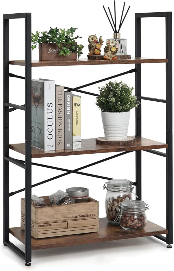 CAPHAUS 3 Tier Small Bookshelf, 24 Inch Width Free Standing Shelf, Bookcase Shelf Storage Organizer, Industrial Book Shelves for Home Office, Living Room, Rustic Oak Vintage Shelves & Metal Frame