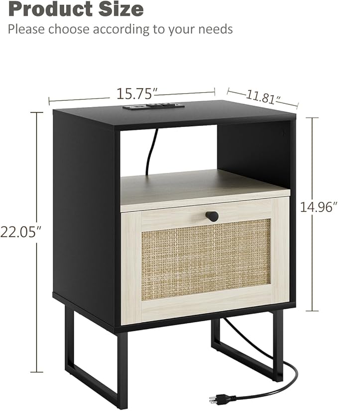 Rattan Nightstand with Charging Station, Boho Night Stand Farmhouse Wood Bedside Table with Storage and Open Shelf, End Side Accent Table for Bedroom,Living Room,Black and Oak