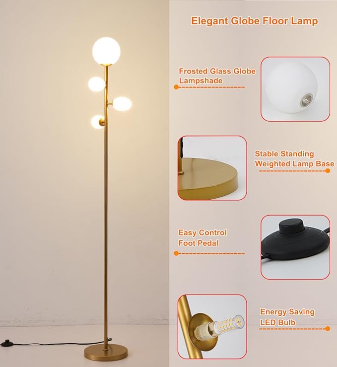 Fiqevs 4 Globe Mid Century Floor Lamp with LED Bulbs & Frosted Glass Lampshade, Modern Gold Tree Standing Lamp, Vintage Torchiere Tall Lamp for Living Room, Bedroom & Office
