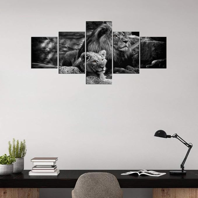 Yatsen Bridge 5 Piece Lion Picture Wall Decor Black and White Lion and Lioness Picture Printed on Canvas Modern Gallery-Wrapped Lion Painting Ready to Hang for Home and Office Decor - 50''W x 24''H