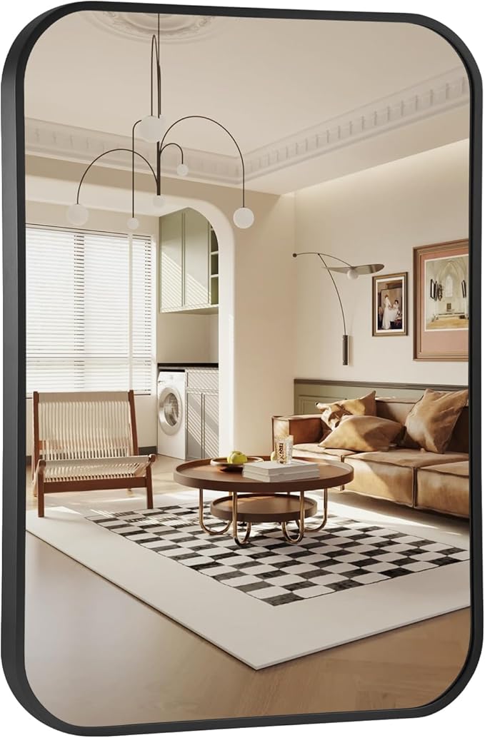 16x24 Inch Bathroom Mirror for Wall,Matte Black Framed Rectangle Mirror with Rounded Corner,Aluminum Alloy Framed Brushed Wall Mirror for Bedroom or Living Room,Vertical or Horizontal