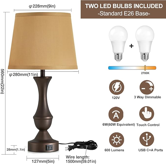 Luvkczc 22" Table Lamp Set of 2 - Farmhouse Vintage Brown Bedside Lamp with Brown Fabric Shade, 3-Way Dimmable, USB C+A Ports, Nightstand Lamp for Living Room Bedroom (Bulb Included)