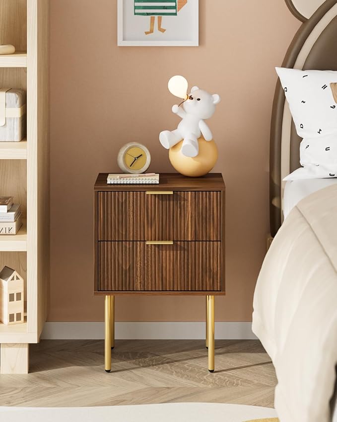 Nightstand,Morden Bedside Table with Gold Frame,Small White Night Stand,End Table,Bedside Furniture,Side Table with Drawer and Shelf for Bedroom,Living Room (2Drawers, Walnut Brown)