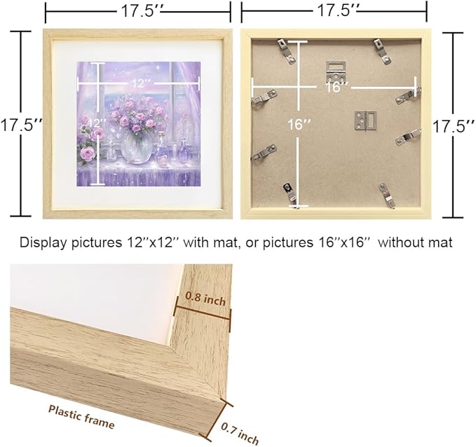 THREELOVE 16x16 Frame Wood Color, Display Picture 12x12 with mat or 16x16 Without mat, Photo Poster Picture Frame Wall Mounting Home Decor, 1-PCS