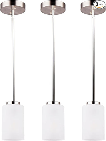 1-Light Mini Pendant Light Fixtures, Industrial Chandelier Hanging Ceiling Light with Opal White Shades, Adjustable Height, Brushed Nickel Pendant Lighting for Kitchen Bedroom Hallway, 3 Pack