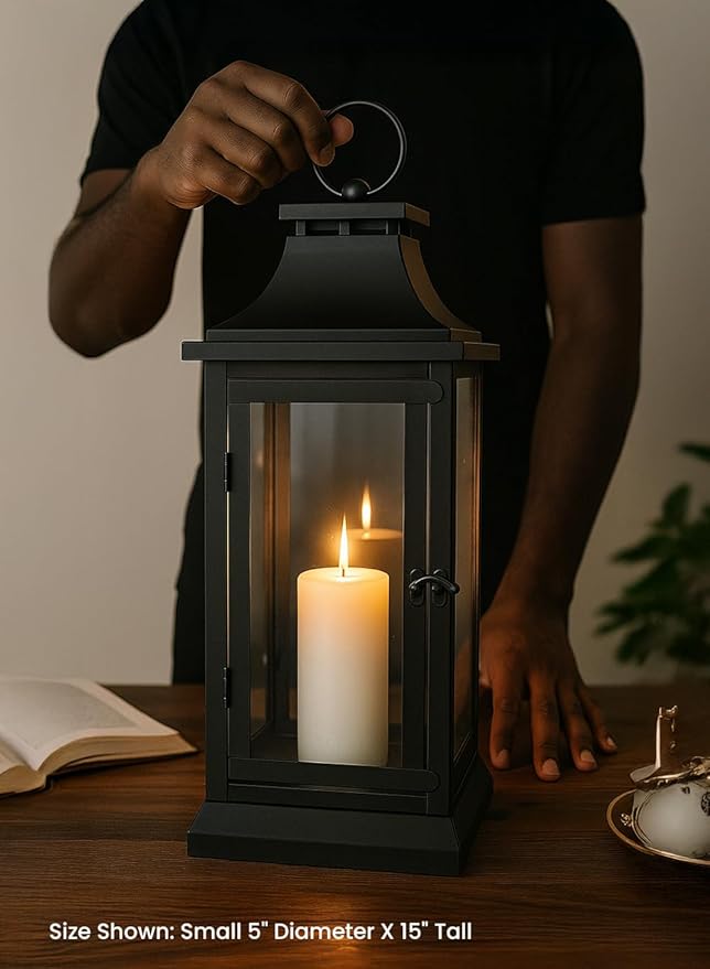 Serene Spaces Living Set of 4 Black Hurricane Lanterns with Clear Glass Panels - Ideal for Home Decor, Parties & Events - Table Top or Hanging Lantern for Indoor & Outdoor Use - Measures 15" Tall