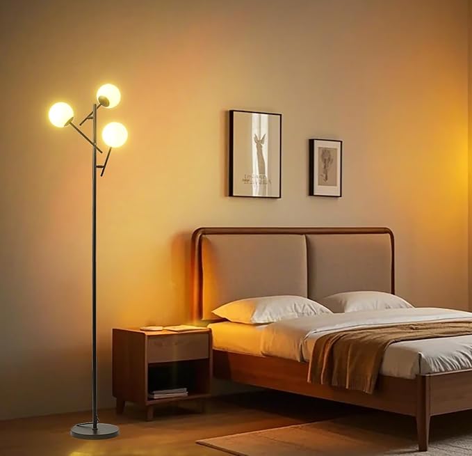 Fiqevs 3 Globe Floor Lamp with 2700K Warm Light & LED Bulbs Included, Mid Century Modern Standing Lamp with Adjustable Lampshade, Arc Sputnik Tree Tall Lamp for Living Room, Bedroom - Matt Black