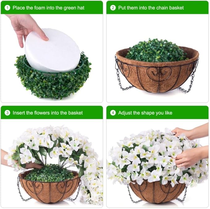 Artificial Hanging Flowers Plant with Basket for Outdoors, Fake Hanging Plants Silk Bougainvillea in Planter Look Real UV Resistant Faux Flower for Porch Patio Garden Home Decor (White-New)