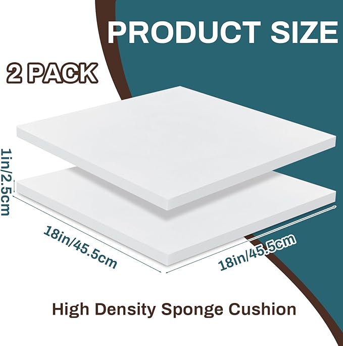 Frienda 2 Pack 1" x 18" x 18" Upholstery High Density Foam Cushion Replacement Square Cut to Size Foam Couch for Chair Couches Padding Shipping Packing DIY Cosplay Projects