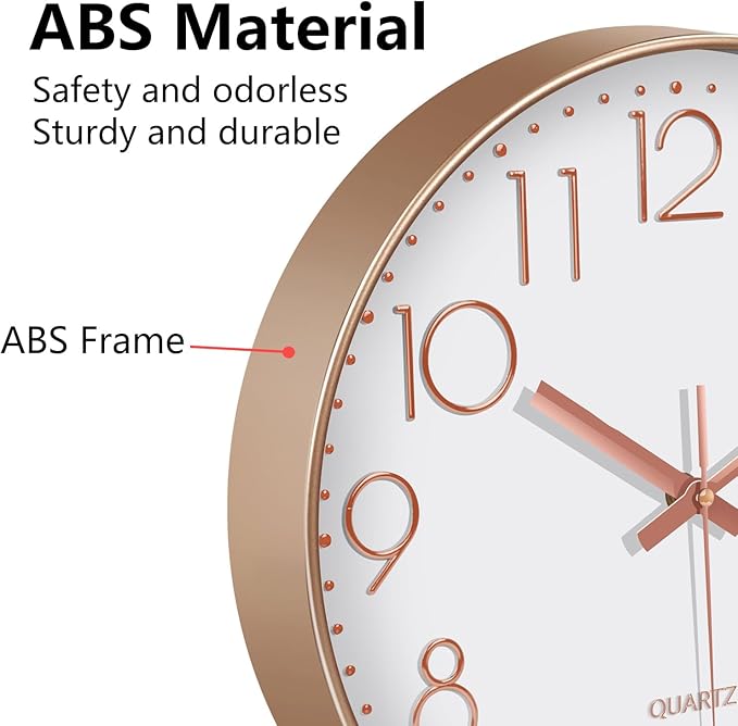 Modern Silent Wall Clock - 12 Inch Wall Clocks Battery Operated Large Number, Non-Ticking Analog Clock with Tempered Glass Quartz Clocks for Living Room Bedroom Office Kitchen, Rose Gold