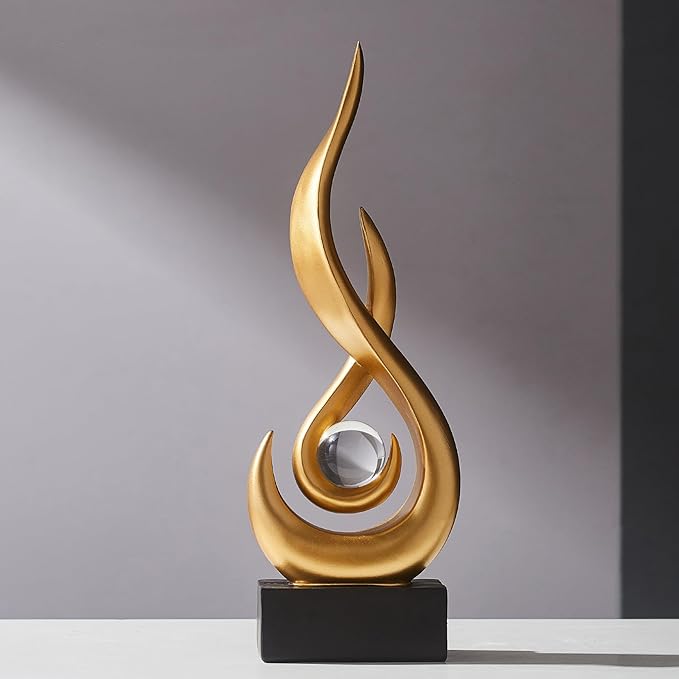 FJS Gold Decor Modern Flame Statue Home Decorations for Living Room, 13.7" H Resin Sculptures Home Décor Accents, Abstract Art Sculpture for Dining Room Office Coffee Table Centerpiece