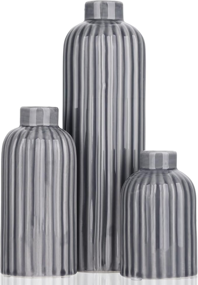 Gray Ribbed Ceramic Vase Set, 3 Gray Small Vase, 3 Piece Set of Glazed Decorative Grey Vases, Living Room, Table, Fireplace Mantel, Kitchen, Bathroom, Mantle Farmhouse Decor Small Vase