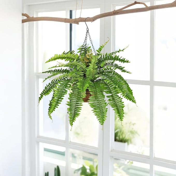 Fake Hanging Plants Large Boston Fern Artificial Plants Outdoor Realistic Fake Ferns with Palm Basket Silk Plants Ferns Hanging Plant Artificial Decor for Home Front Porch Window Garden - Green