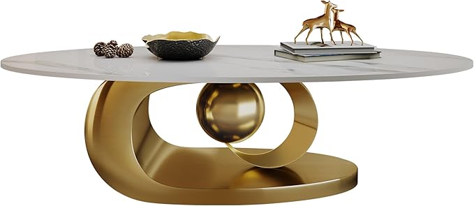 Modern Oval Sintered Stone Coffee Table, 49.2" White and Gold Rectangle Coffee Table with Faux Marble Top & Golden Geometric Stainless Steel Base, Rectangle Tea Center Table for Living Room