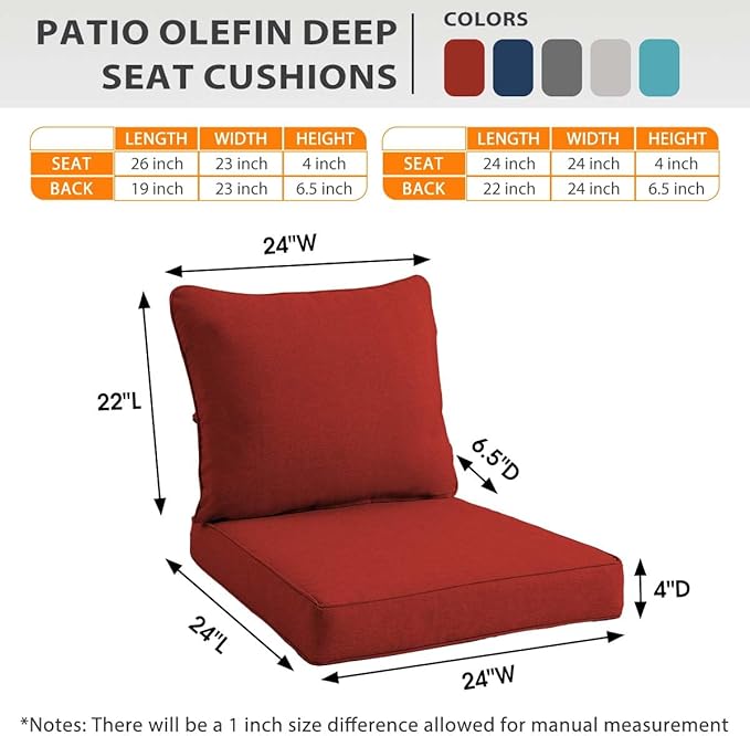 Sundale Outdoor Olefin Deep Seat Cushion, Patio Chair Cushion and Pillow, Water-Resistant Sectional Sofa Pad with Straps Red, 24 x 24 x 4 Inches