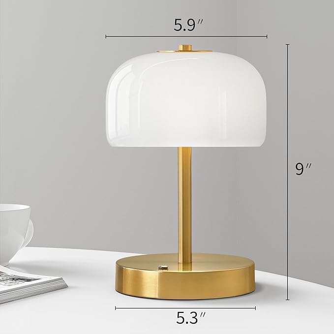 Oneach 9" Cordless Table Lamps Set of 2, Gold Rechargeable Battery Operated Lamp, 3-Way Stepless Dimming Touch Mushroom Lamps, Small Glass Nightlight for Bedroom Dining Table Living Room Shelf Decor