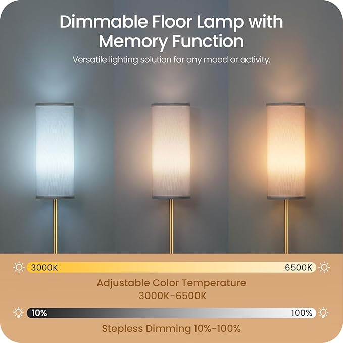 Dimmable Floor Lamp for Living Room with Remote and Foot Switch, Corner Floor Lamp, 66'' Standing Tall Lamp, 10W 900LM LED Bulb Included, 3000K-6500K, Linen Shade, Gold White, FCC Listed DCW06LD05W1
