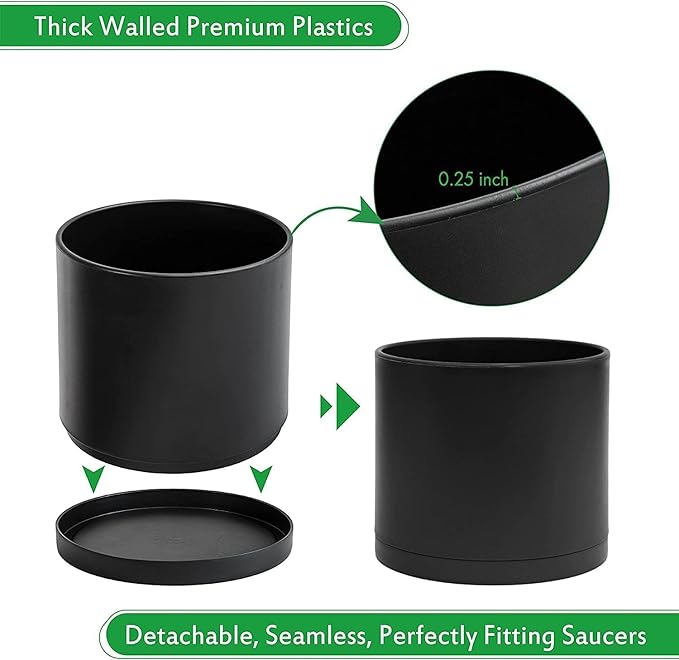 D'vine Dev 2 Pack 8 Inch Modern Plastic Plant Pots, Small Garden Planters for Plant with Drainage Holes and Saucers, Black Color, 74-Y-M-1