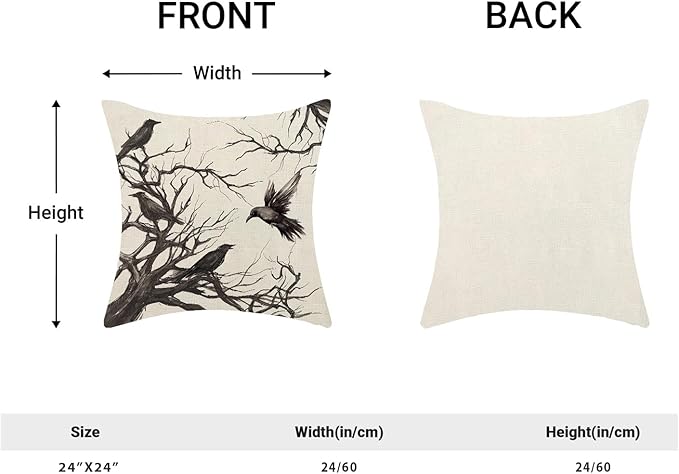 Halloween Pillow Covers 24x24 inches Set of 2 Black Crows Branch Decorative Farmhouse Throw Pillow Covers Outdoor Halloween Decor Farmhouse Linen Cushion Case for Home Sofa Couch Decoration