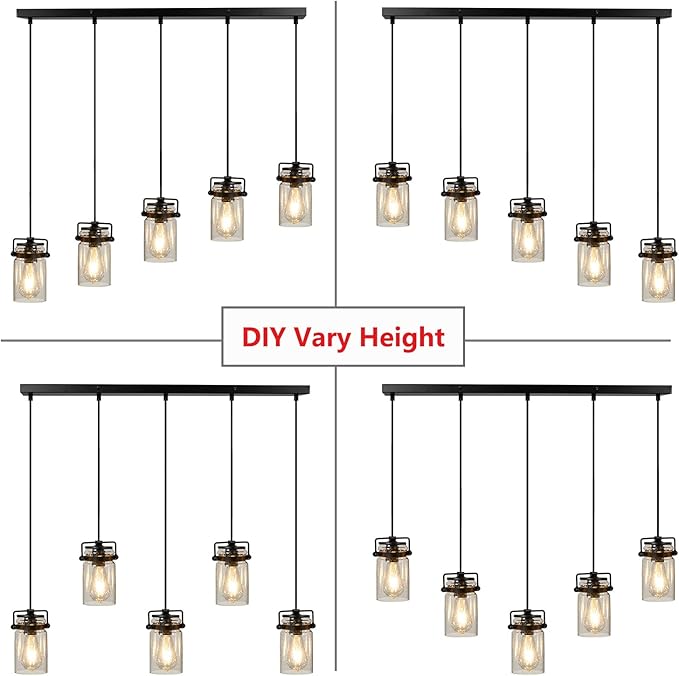 Pendant Light Kitchen Island Lighting, 5-Light Pendant Ceiling Light Fixture, 67.71 inches Hanging with Clear Glass Shade,Farmhouse Chandeliers for Dining Room Bedroom Hallway - Black