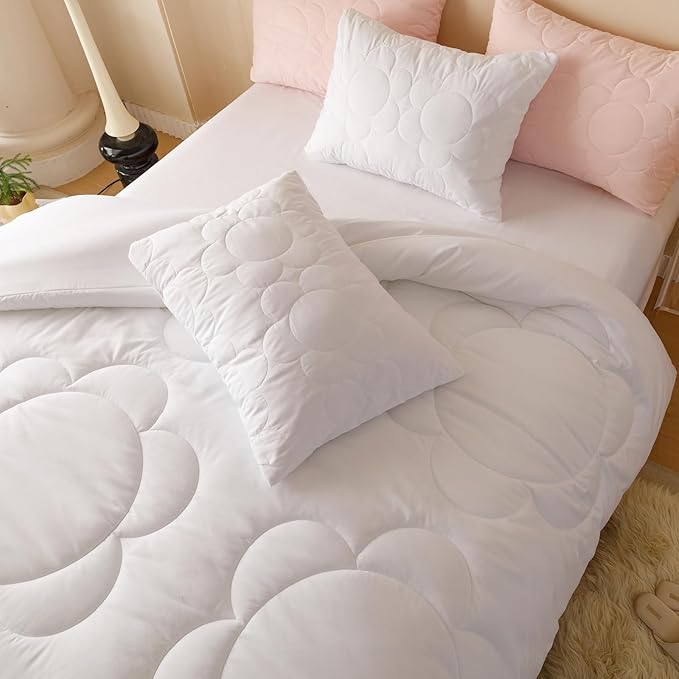 Luxlovery White Boho Comforter Set Full Women Girls White Sunflower Quilts Farmhouse Floral Bedding Quilted Set Elegant Vintage Retro Soft Bohemian 3 Piece Comforter