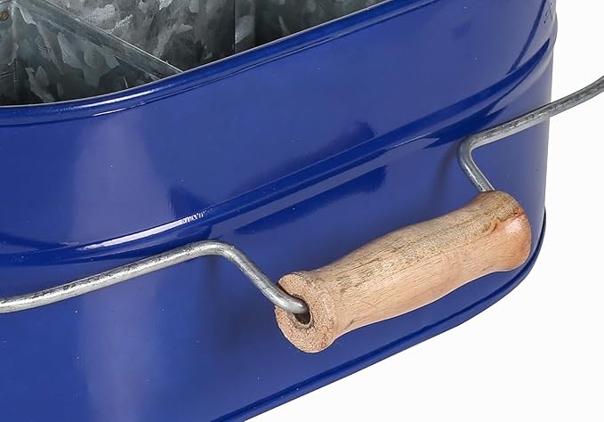 Alpha Living Home 4-Section Galvanized Utensil Caddy - Farmhouse Organizer with 4 Compartments and Wooden Handle - Versatile Storage for Kitchen, Outdoor & Party Essentials (Blue)