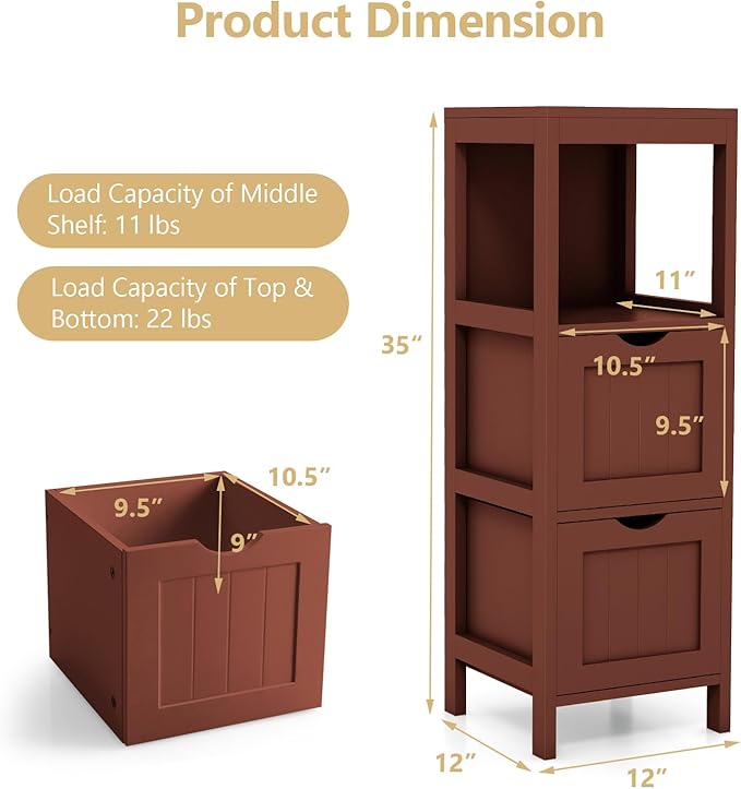 Tangkula Small Bathroom Storage Cabinet with 2 Removable Drawers, Wood Freestanding Floor Cabinet for Bathroom, Anti-Tipping Device, Side Corner Cabinet for Small Spaces (Brown)