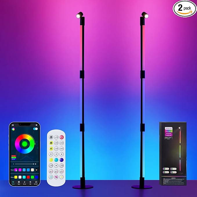 Corner Floor Lamp - 2 Pack Black RGB LED Floor Lamp with Music Sync and 16 Million DIY Colors, App & Remote Control, Color Changing Modern Smart Corner Lamp for Bedroom Living Room