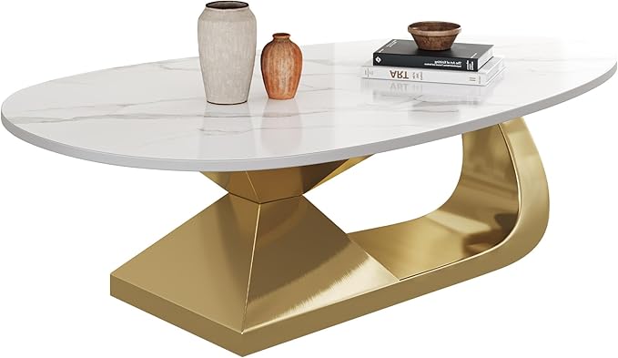 Modern Oval Sintered Stone Coffee Table, 51.2" White and Gold Rectangle Coffee Table with Faux Marble Top & Golden Geometric Stainless Steel Base, Rectangle Tea Center Table for Living Room
