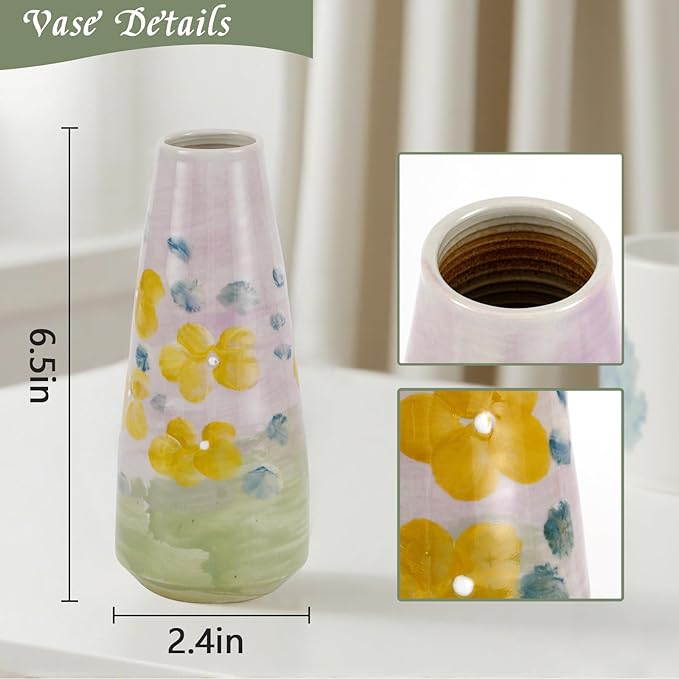 Fake Sunflowers with Hand-Painted Vase,16" Artificial Flowers in Small Ceramic Vase,Silk Flower Eucalyptus Bouquet Faux Arrangements for Home Living Room Kitchen Office Coffee Table Decor