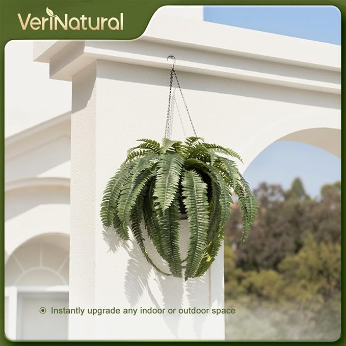 48" Artificial Boston Fern Hanging Plants with Basket - UV Resistant Fake Plant for Outdoor Indoor - Large Realistic Faux Greenery for Front Porch, Front Door, Patio Decor, Set of 2, VN142