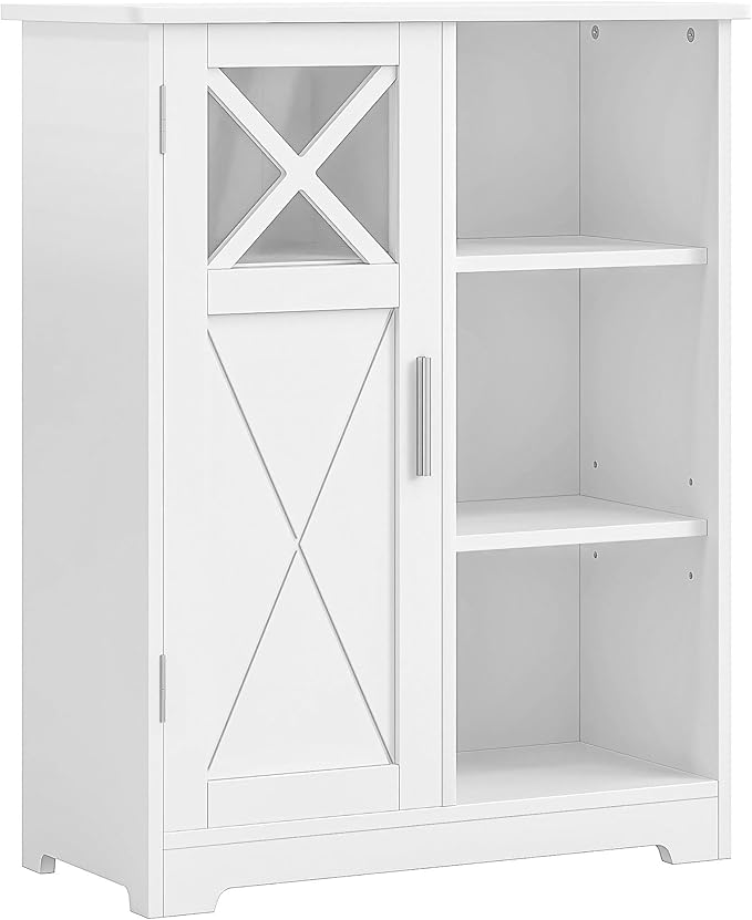 VECELO Bathroom Floor Storage Cabinet with 2 Adjustable Shelves, Freestanding Cabinet with 1 Door & 3 Open Compartments for Bathroom, White
