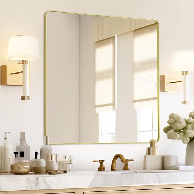 Mirrorons Gold Bathroom Mirror 36 x 30 Inch, Gold Wall Mirror, Bathroom Vanity Mirror with Rounded Corner, Shatterproof (Horizontal/Vertical)