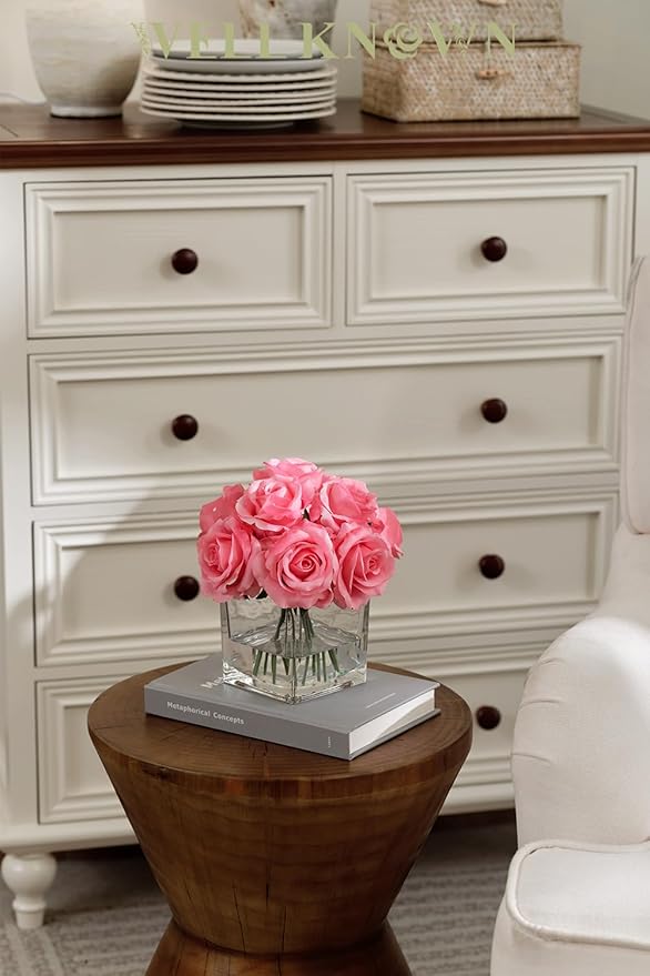 WELL KNOWN Rose Artificial Flowers in Vase with Faux Water, Silk Rose Table Centerpieces for Home Coffee Table Decor, Fake Roses Flower Arrangements for Office Hotel Lavatory Decor (Pink)