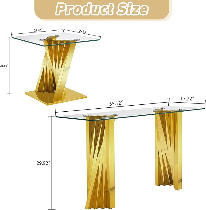 Glass 3 Piece Living Room Table Sets,3-Piece Table Set Includes 1 Console Coffee Table and 2 End Tables with Stainless Steel Frame,Modern Coffee Table Set of 3 for Living Room (Gold)