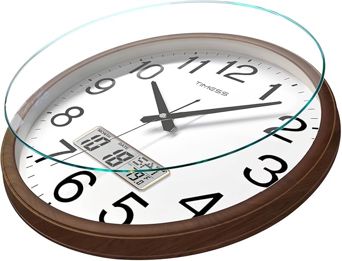 Wall Clock, Classic Wood Style Finish, 16 Inch Non-Ticking Silent Battery Operated Quartz Analog with Perpetual Calendar and F° Temperature Display, Home, Office Décor (Wood Brown)