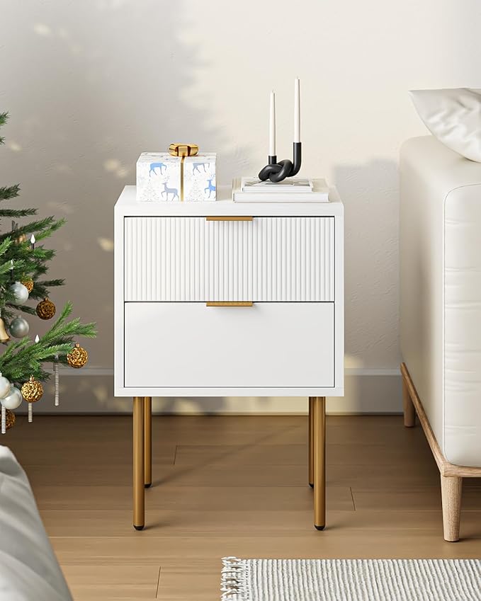 Nightstand,Morden Bedside Table with Gold Frame,Small White Night Stand,End Table,Bedside Furniture,Side Table with Drawer and Shelf for Bedroom,Living Room (2Drawers, White)