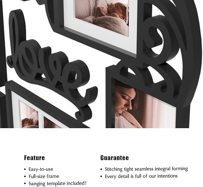 J.M.Deco 7 Pack Vintage Picture Frames, Love Shape Heart Photo College Frames, Valentine Display Multiple Photos For Family Home Living Room 4''x4'' / 4''x6''/ 5''x7''/ 5''x8'' Frames Set | Black