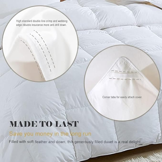 Organic Feather Down Comforter Oversized King Size, All Season Duvet Insert 100% Organic Cotton, Medium Warm Quilted Bed Comforter with Corner Tabs(120x98, White)