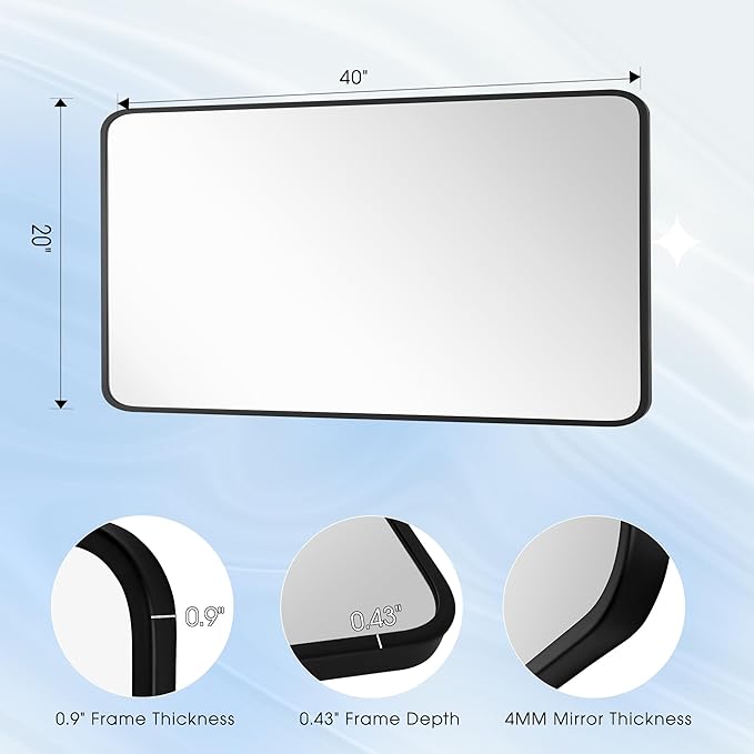 20x40 Inch Rectangle Bathroom Mirror with Black Metal Frame, Rounded Corner Rectangular Vanity Mirror for Wall, Modern Large for Bedroom, Living Room, Horizontal or Vertical