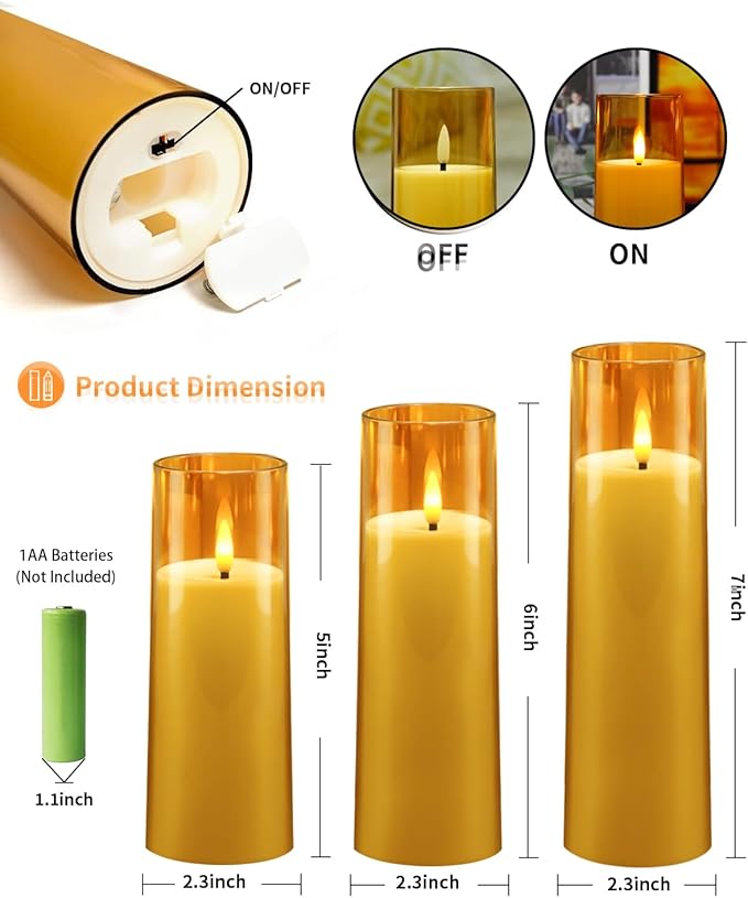 Flickering Flameless Candles Battery Operated with Remote and 2/4/6/8 H Timer Plexiglass Led Pillar Candles Pack of 9 (D2.3 xH 5" 6" 7") with Realistic Moving Wick Candles for Home Decor(Gold)