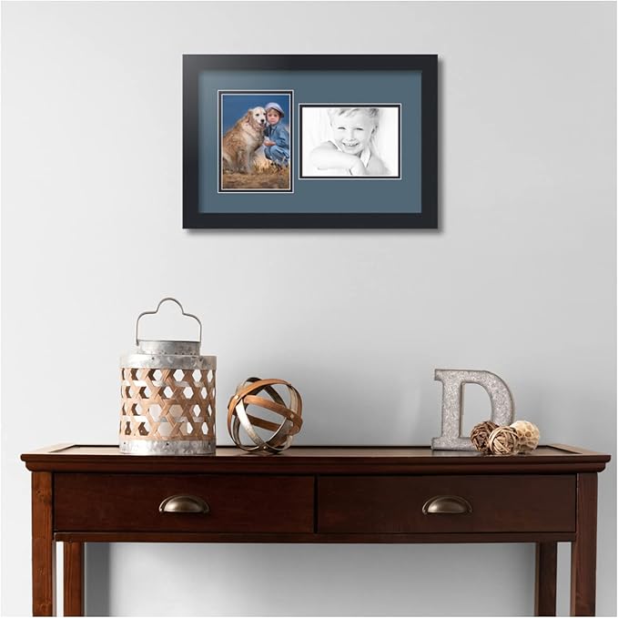 ArtToFrames Collage Photo Frame Double Mat with 2-5x7 inch Openings with Black Frame and Dutch Blue Top Mat