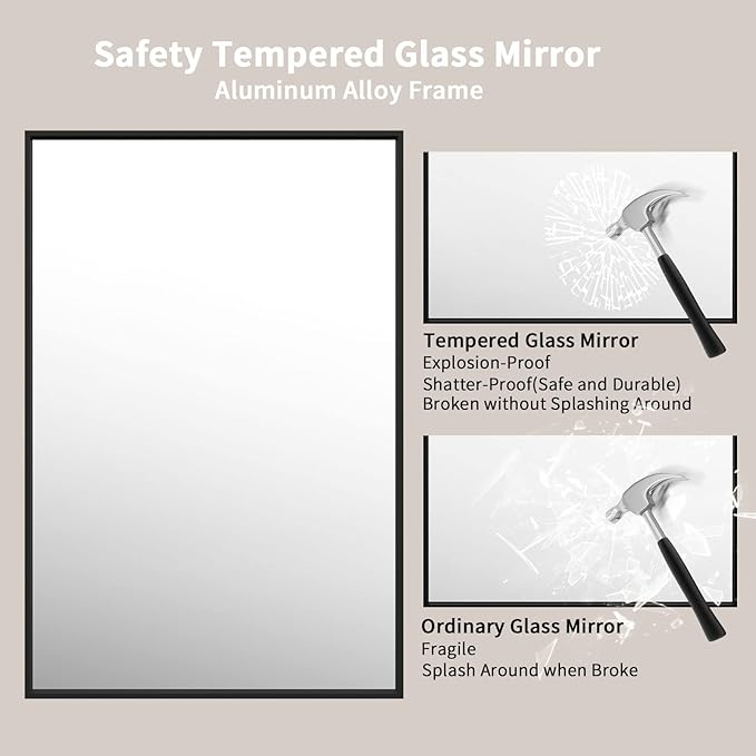 LOAAO 48"X32" Black Rectangle Bathroom Mirror Wall, Matte Black Aluminum Alloy Frame, Tempered Glass, Hangs Vertically or Horizontally, Easy to Install