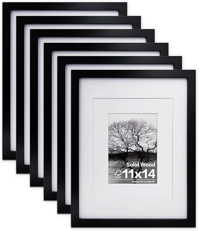 Egofine 11x14 Picture Frames Made of Solid Wood 6 PCS Black Covered by Plexiglass - for Table Top and Wall Mounting for Pictures 8x10 or 5x7 with Mat Horizontally or Vertically Display Photo Frame