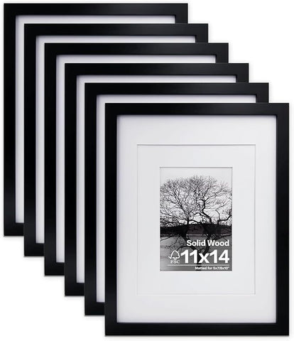 Egofine 11x14 Picture Frames Made of Solid Wood 6 PCS Black Covered by Plexiglass - for Table Top and Wall Mounting for Pictures 8x10 or 5x7 with Mat Horizontally or Vertically Display Photo Frame