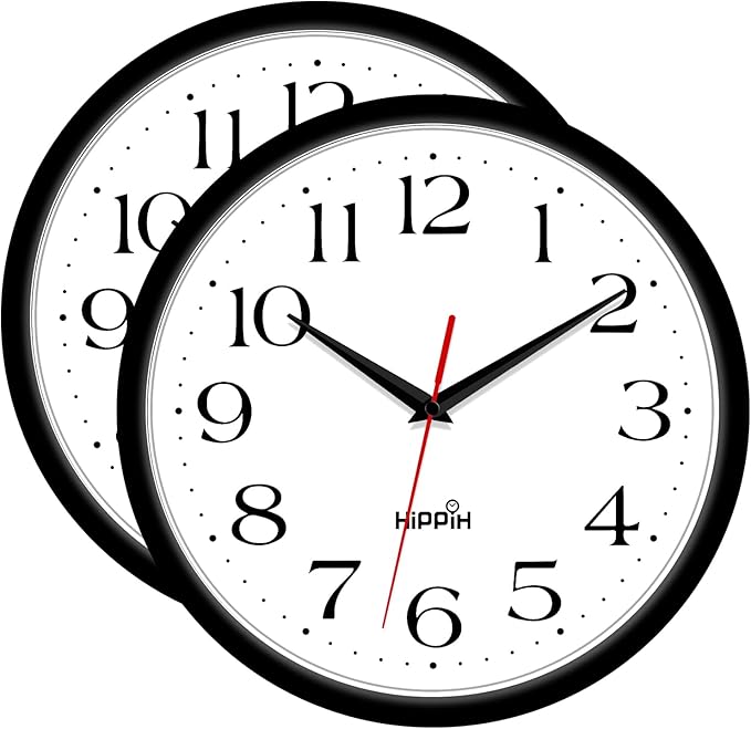 HIPPIH 2 Pack Silent Wall Clock, 12 Inch Non Ticking Quiet Digital Sweep Decorative Battery Operated Wall Clocks for Living Room Bedroom Kitchen School Office Decor, Black
